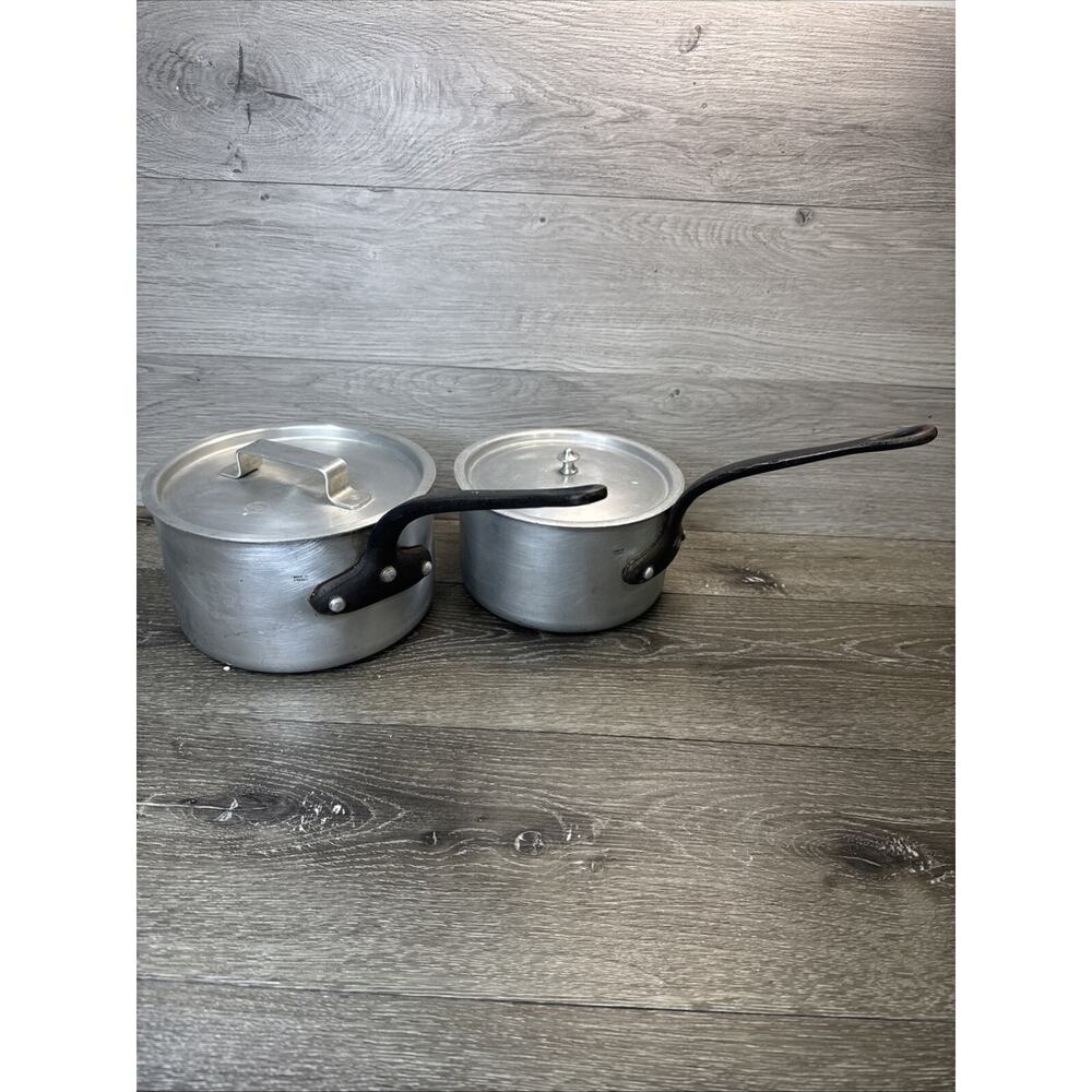 Vintage French Aluminum Saucepan Hammered Cast Iron Handles 3qt & 2.5qt Set